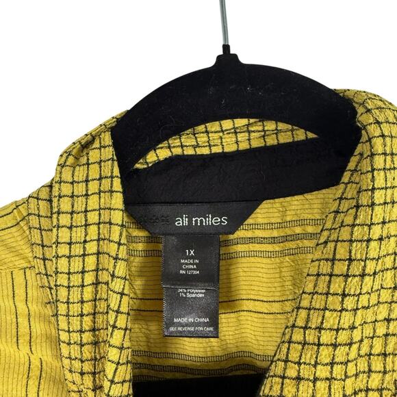 Ali Miles Yellow Striped Plaid Button Front Tunic Shirt Artsy Boho Work Women 1x - Picture 3 of 6